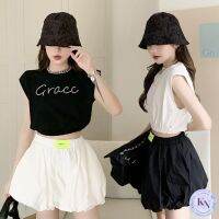 ?Korea NEW เสื้อครอปแขนสั้นเอวจั๊ม 2 สี แต่งรีดเพชรลาย Grace