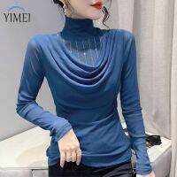 ✧☞۩ YIMEI 2022ฤดูใบไม้ร่วงสวมใส่ใหม่เส้นด้ายตาข่ายครึ่งคอปกสูงแขนยาวแฟชั่นเจาะร้อนบางเสื้อยืดสไตล์ตะวันตกเสื้อด้านล่างเสื้อขนาดเล็กผู้หญิง