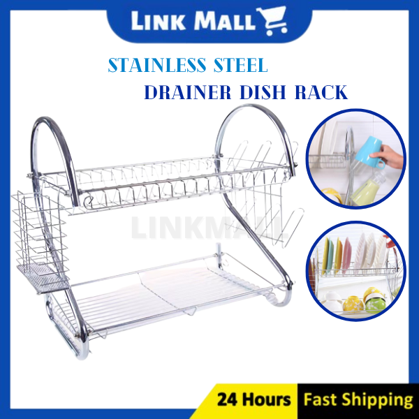 Dish Drainer With Tray Kitchen Rack Plate Rack Rak Pinggan 2 Layer Dish Rack Stainless Steel 6804