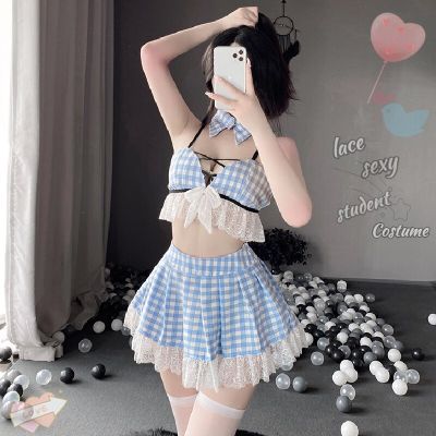 Hollow Out Sexy Cute Lace Lingerie Schoolgirl Erotic Role Play 3 Colors Student Plaid Mini Skirt Costumes Outfit Cosplay 2022