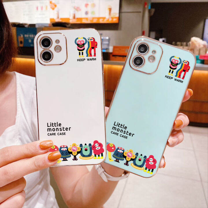 ggk-เคสสำหรับ-realme-11-5g-11-pro-5g-11-pro-5g-realme-narzo-60-5g-ฟรีสายคล้อง-สัตว์ประหลาดตัวน้อยการ์ตูนน่ารักลวดลายขอบสี่เหลี่ยมชุบเคสโทรศัพท์เคสโทรศัพท์นิ่มสุดหรู