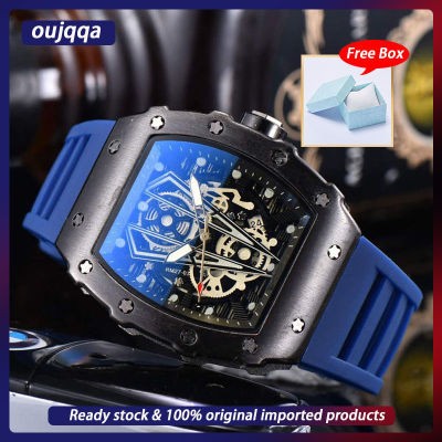 Oujqa นาฬิกาข้อมือผู้ชาย,นาฬิกาข้อมือสำหรับผู้ชายทรงถังธุรกิจกันน้ำของขวัญนาฬิกาสายคล้องคอซิลิโคนสำหรับผู้ชาย