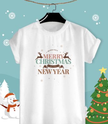 เสื้อยืดลายปีใหม่ Happy New Year &amp; Merry Christmas 2023 ลายน่ารักๆ ผ้า TK ใส่สบาย สีสันสดใส ไม่ยืดไม่ย้วย