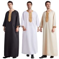 ชุดเดรสแขนยาวสำหรับผู้ชายมุสลิมชุดคอกลมคาฟตันชุดเดรสชาวอาหรับตุรกีสไตล์ดูไบอิสลามสวมใส่สบาย