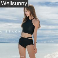 Wellsunny ชุดว่ายน้ำ2ชิ้นแบบผ่าสำหรับผู้หญิงชุดว่ายน้ำชุดว่ายน้ำแบบแยกหน้าอกเล็กเอวสูงบางบิกินี่เล่นน้ำรวมดัน