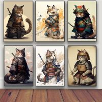 Vintage ญี่ปุ่น Samurai Cat โปสเตอร์และพิมพ์ภาพวาดผ้าใบ Wall Art สำหรับตกแต่งบ้าน