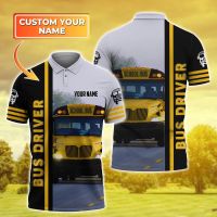 School Bus Polo Uniform 3D Full Printing School Bus Driver Polo Shirt with Custom Name Summer Short Sleeve