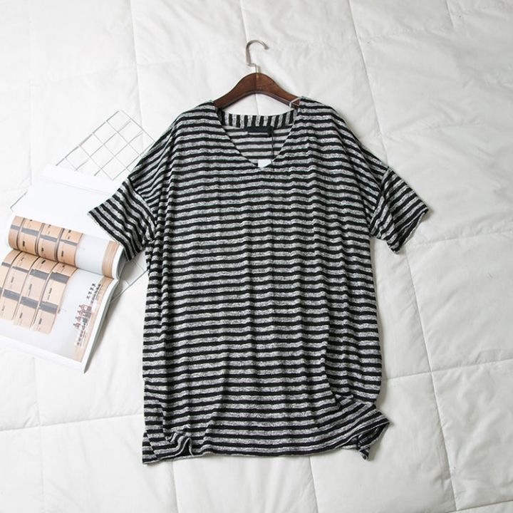 cod-dsfdgdffghh-womens-casual-striped-plus-size-blouses-classic-oversized-stripes-loose-fit-tee-v-neck-short-sleeves-side-split-big-loose-tops-large-size-t-shirt-maternity-pregnancy-t-shirt-fashion-bi