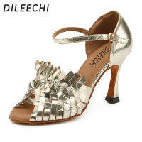 DILEECHI รองเท้าเต้นรำแบบละติน Light Gold PU ผู้หญิงห้องบอลรูมเต้นรำรองเท้ามาใหม่ออกแบบพิเศษ Soft Outsole ส้นสูง8.5ซม.