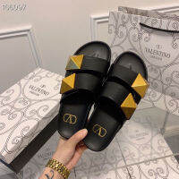 Velcro leather Valentinoˉslippers flat bottom non-slip fashion casual metal buckle shoes womens 2023 summer large rivets