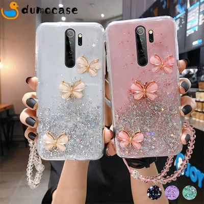 Bling Butterfly Glitter Lanyard Silicone Phone Case for Xiaomi Redmi 9C 9A Note11 10 9 8 Pro Poco M3 X3 M4 Pro Shiny Cover Coque