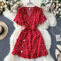 ☼▥﹍ Christmas Dress for Women Korean Short Sleeve V Neck Polka Dot Mini Dresses