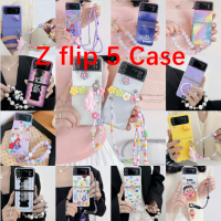 เคสโทรศัพท์พับได้สำหรับ Samsung Galaxy Z Z 5 Z-Flip4พับได้ Z เคสป้องกันการตกหน้าจอพับ3ชั้นเคสโทรศัพท์คู่การ์ตูนน่ารักสร้อยข้อมือตั้งได้นกเพนกวินสีชมพูเจ้าหญิงเงือก