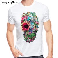 Harajuku Men T Shirts Fashion Floral Skull Design Short Sleeve Casual Flower Skull Printed T-Shirt Tee Top