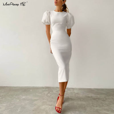 Mnealways18 Chic Puff Sleeve Bodycon Dress Ladies Office Elegant Black Women Summer Pencil Midi Dress Short Sleeve Slim Waist-Up