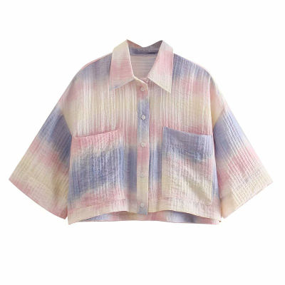 Za Flowy Tie Dye Cropped Shirt Women Vintage Short Sleeve Summer Tops Woman Fashion Front Patch Pockets Casual Shirts