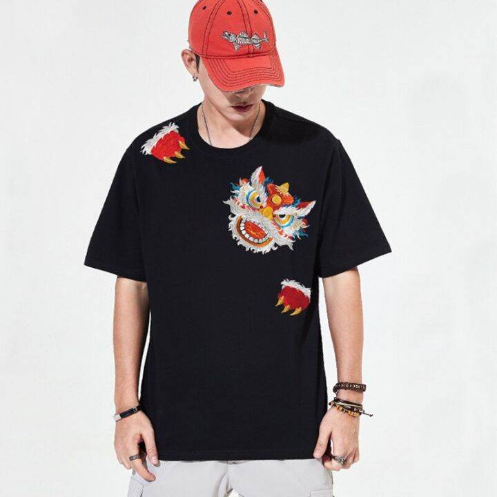 lyprerazy-summer-new-short-sleeved-t-shirt-mens-round-neck-chinese-style-national-tide-wake-lion-embroidery-cotton-tee