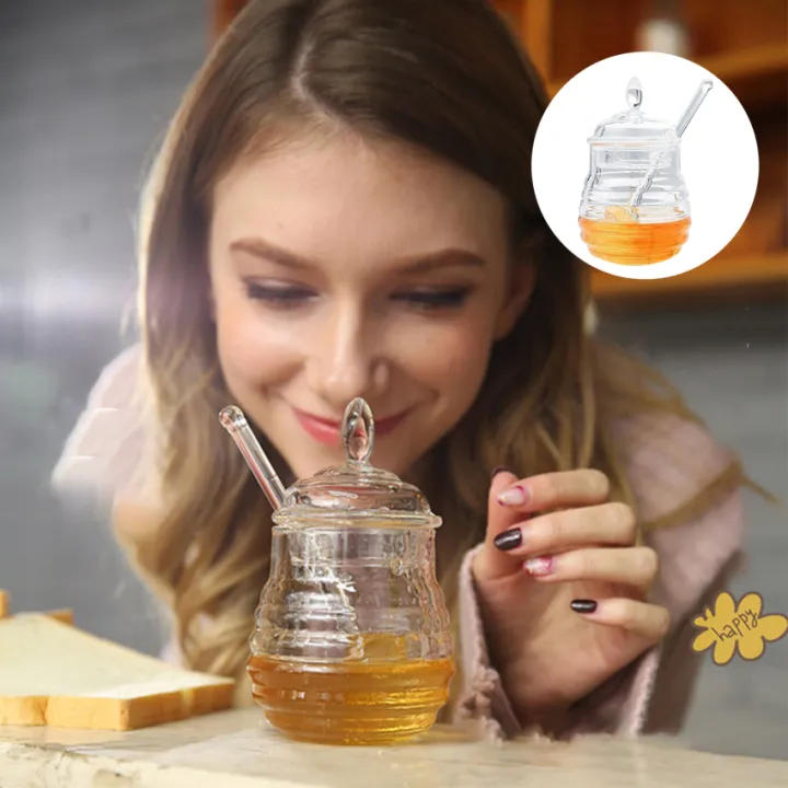 Transparent Beehiveshaped Honey Jar with Stick for Storing and Dispensing Honey Syrup Dispenser