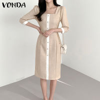 (จัดส่งฟรี)Fancystyle VONDA ชุดเดรสแขนพองสำหรับผู้หญิงชุดเดรสมิดิคอเหลี่ยมสำหรับใส่ทำงาน