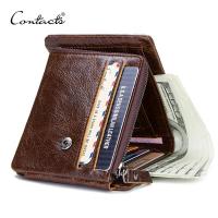 ZZOOI CONTACTS Casual Style Genuine Leather Trifold Wallet For Zipper Hasp Men Clutch Wallets With Coin Pocket For Male Short Purse