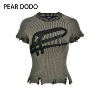 PEAR DODO เสื้อยืดถักแขนแขนสั้นคอกลมพิมพ์ลายเกาหลีสำหรับผู้หญิง