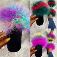 Fluffy Faux Fur Slides Sandals Fur Slippers for Women Fuzzy Plush Sandals Shoes Furry Raccoon Sandals Fake Fur Flip Flops