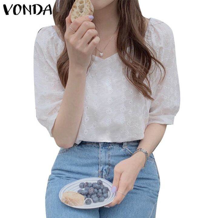 vonda-เสื้อเบลาส์-คอวี-แขนสั้น-ปักลาย-สีขาว-สไตล์เกาหลี-สําหรับผู้หญิง-5211034