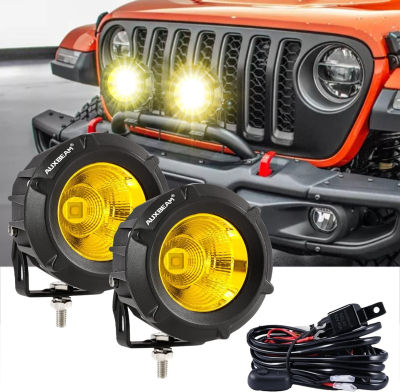 Auxbeam 3.5in 50W Round Led Offroad Light, 5000LM Amber Fog Light, Round Driving Light Pod with Wiring Harness Kit Yellow Spot Flood Combo for Jeep Vehicle Truck ATV SUV Motorcycle White &amp; Spot Flood Combo