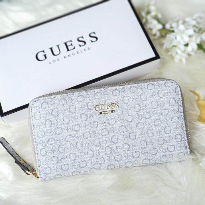 Guess Classic Signature G Monogram in Coated Synthetic Leather Zip Around  Wallet - Grey / Black Women's Long Wallet