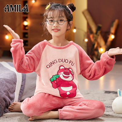 AMILA ชุดชุดนอนแขนยาวสักหลาดเด็กผู้หญิง,เสื้อแขนยาว + กางเกงขายาวชุดนอนผ้าขนสัตว์การ์ตูนน่ารักฤดูหนาว