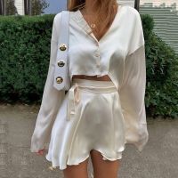 Womens INS wind coat autumn outfit silks and satins with short skirt of tall waist long sleeve cardigan two-piece outfit