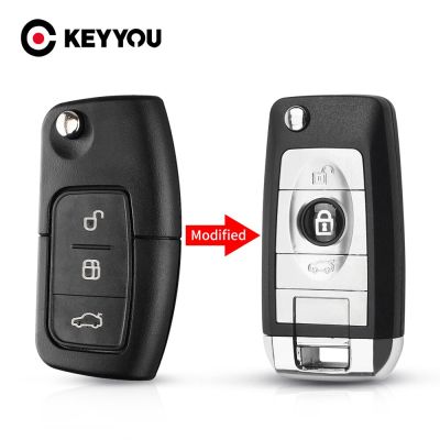 KEYYOU เคสซองใส่กุญแจรถยนต์ดัดแปลงรีโมทพลิกพับได้3ปุ่มสำหรับฟอร์ดโฟกัส Fiesta Mk C Max K HU101