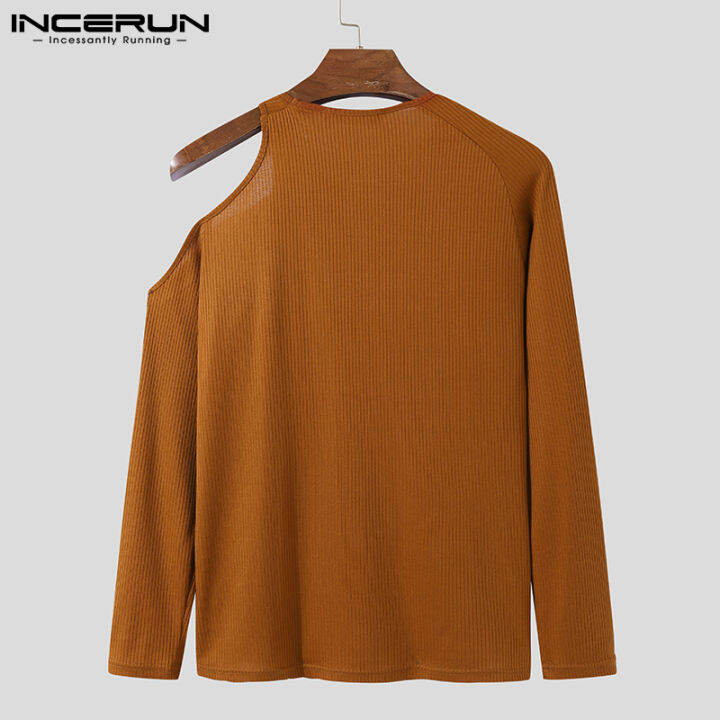 incerun-เสื้อเชิ้ตแขนยาวสำหรับผู้ชาย-เสื้อเบลาส์เสื้อยืดคอกลมเปิดไหล่สวมใส่สบาย