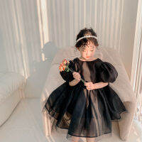 Toddler Girls Black Dress with Puff Sleeve Satin Silk Tutu Dress Party Gown for Kids Lovely Open Back Formal Clothing