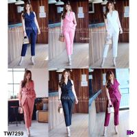 TW7259 Set 2 ชิ้น #สาวอวบ เสื้อแขนกุดพร้อมเชือกผูกโบว์+กางเกง 5 ส่วน **สอบถามก่อนสั่งซื้อ**