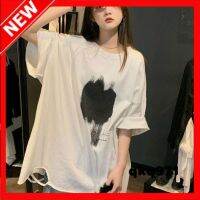 qkq971 Ripped Short-Sleeved T-Shirt WomenS Mid-Length Fashion Top Korean Style Loose T-Shirt