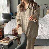 【JH】Solid Color Casual Pajama Sets Women Single Breasted Japan Style Turn-down Collar Nightwear Spring Fall Elastic Waist Homewear