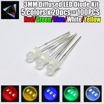 100pcs (5 colors x 20pcs) 3mm Misty LED  Diffused White Red Green Blue Yellow Round Light Emitting Diode  DIY Kit Electrical Circuitry Parts