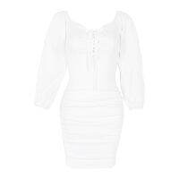 Sexy Off Shoulder Bandage Dress Women Solid Puff-Sleeve Skinny Dresses Wrap Chest Ruched Bodycon Party