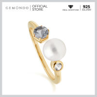 Gemondo แหวนมุก เงินแท้ 925 ชุบทองสี 22K ประดับอะความารีน (Aquamarine) และโทแพซ (Colorless Topaz) ดีไซน์โมเดิร์น