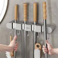 Wet-resistant Broom Hanger Grey And White Mop Storage Rack 4 Position No Trace Paste Wall Mounted Brush Support Broomstick Hook Picture Hangers Hooks