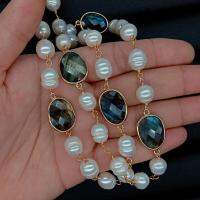 Y·YING natural White Rice freshwater Pearl Rosary Chain labradorite Bezel Set sweater chain Necklace 28"