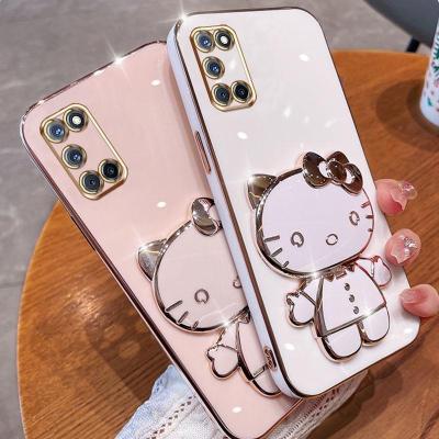 Folding Makeup Mirror Phone Case For OPPO A52 A92  Case Fashion Cartoon Cute Cat Multifunctional Bracket Plating TPU Soft Cover Casing