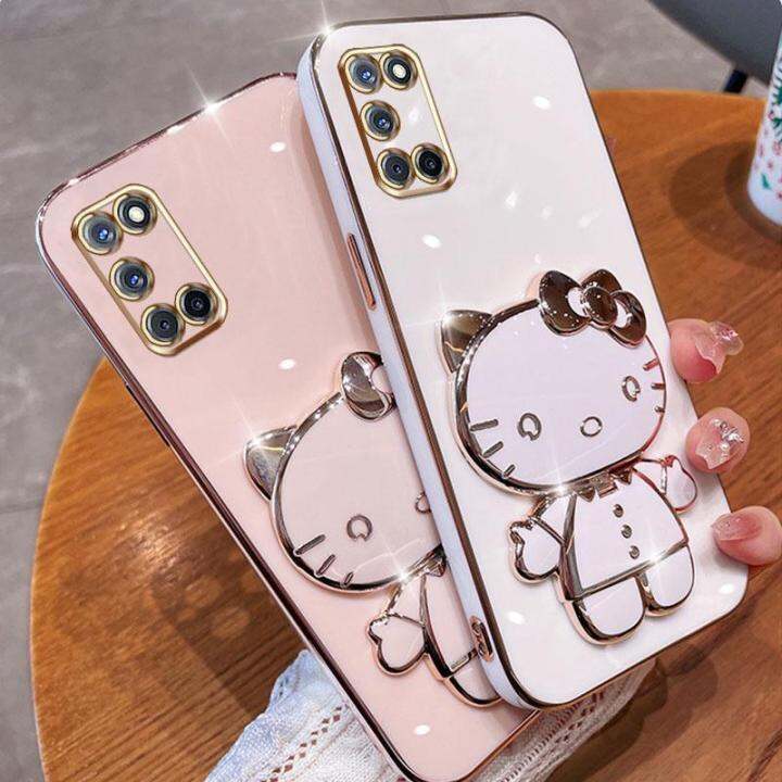 folding-makeup-mirror-phone-case-for-oppo-a52-a92-case-fashion-cartoon-cute-cat-multifunctional-bracket-plating-tpu-soft-cover-casing