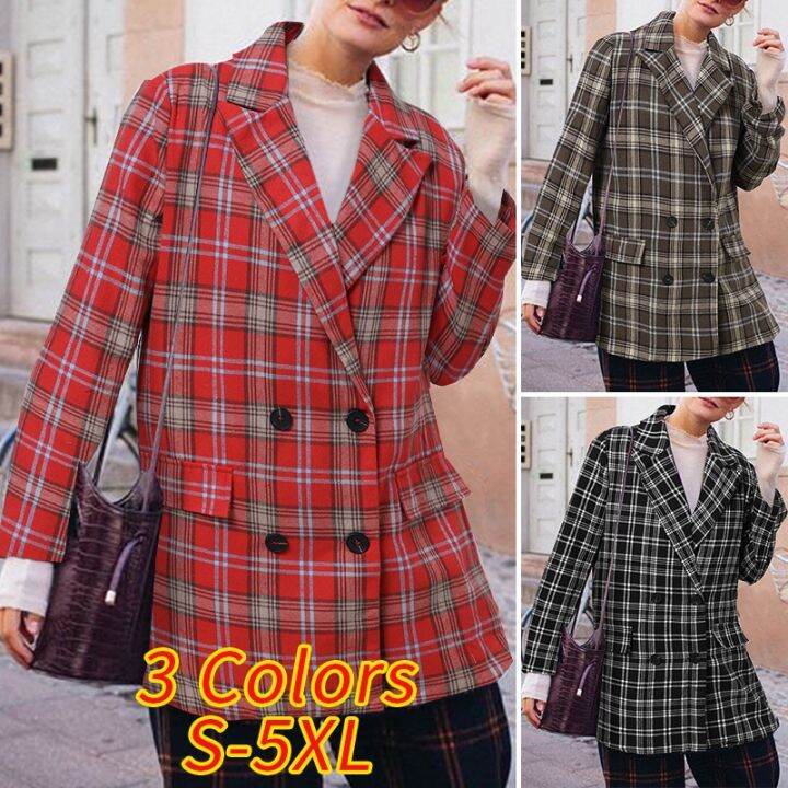 celmia-women-elegant-plaid-long-sleeve-collar-double-breasted-casual-blazer