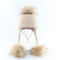 Winter Baby Hat Real Fur Pompoms Skullies Beanies Warm Knitted Hats For Kids Ear Protection Infant Baby Cap