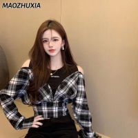 MAOZHUXIA ชุด Cewek Seksi เสื้อเชิ้ตลายสก๊อตแขนยาวสองชิ้นพิมพ์ลายเสื้อจดหมายกางเกงขาสั้นสลิมฟิตแต่งแบบคอกลม