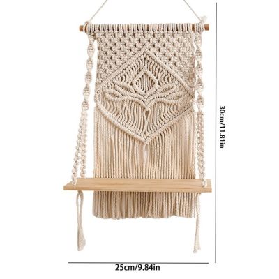 Macrame ชั้นแขวนผนังสำหรับตกแต่งไม้ลอยชั้นทอด้วยมือสไตล์โบฮีเมียนสีขาวชั้นวางติดผนังแนวชนบท