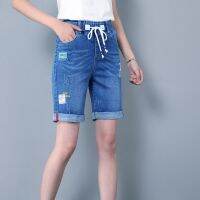 Women Denim Short Elastic Drawstring Waist Jeans Short Straight Five Point Pant Curl Hem Patchwork Plus Size