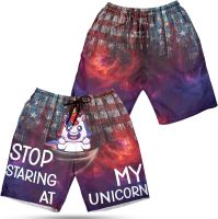 Camelliaa Shop Galaxy Stop Staring at My Unicorn Hawaiian Short S-5XL, Funny Men Beach Shorts, Funny Unicorn Mens Swim Trunk, Gift for Husband, Boyfriend